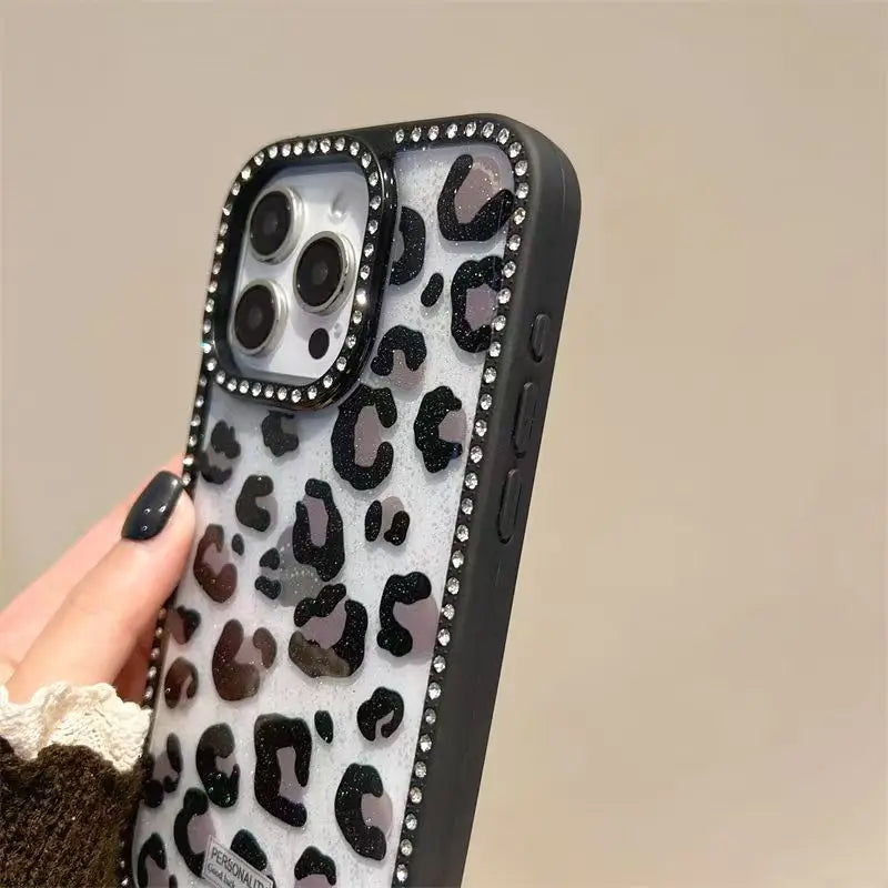 bellecel's luxury leopard print design diamond border phone case for iphone