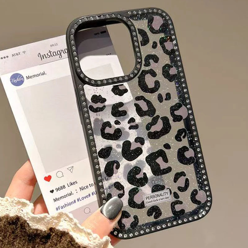 bellecel's luxury leopard print design diamond border phone case for iphone