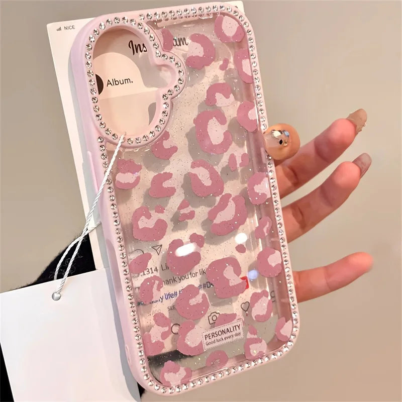 bellecel's luxury leopard print design diamond border phone case for iphone