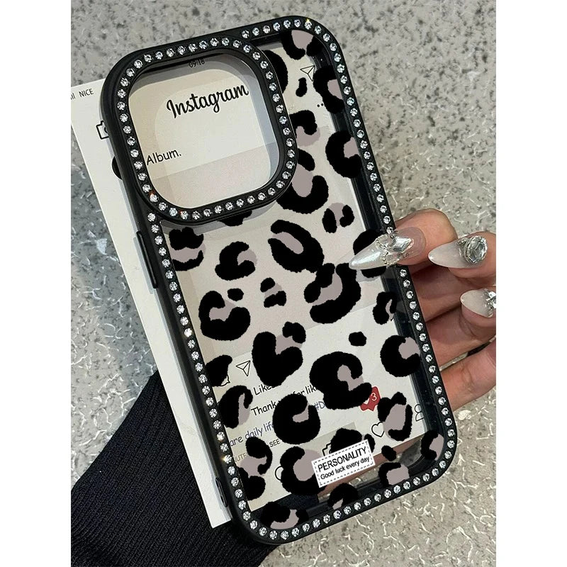 bellecel's luxury leopard print design diamond border phone case for iphone